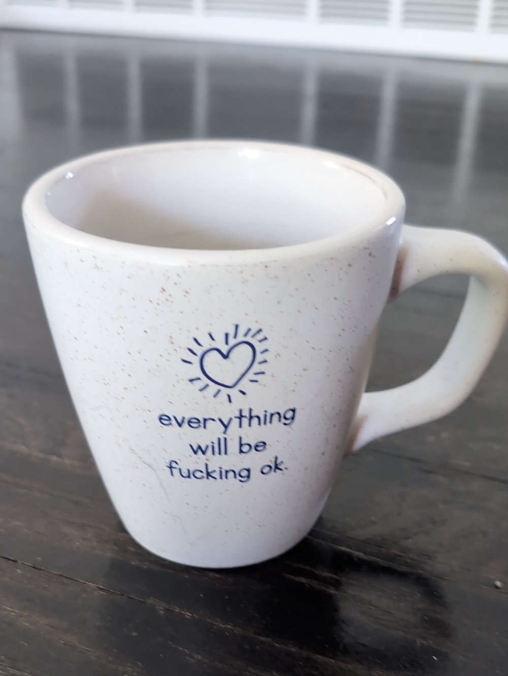 Speckled White Ceramic Mug with Blue Text - Everything Will Be OK